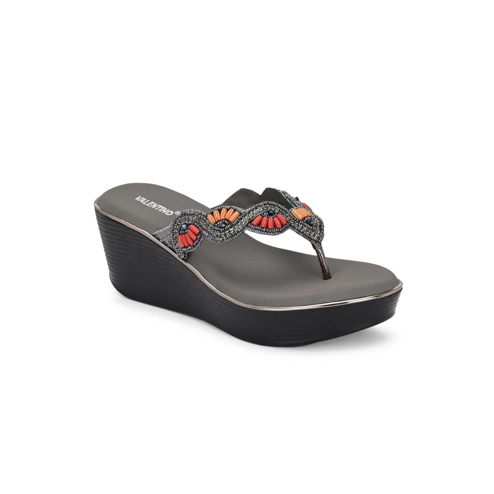 Valentino Women Gunmetal Beaded Wedge Platform Thong Sandal - Image 3