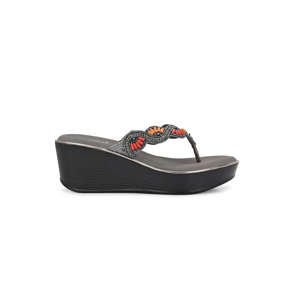 Valentino Women Gunmetal Beaded Wedge Platform Thong Sandal - Image 5