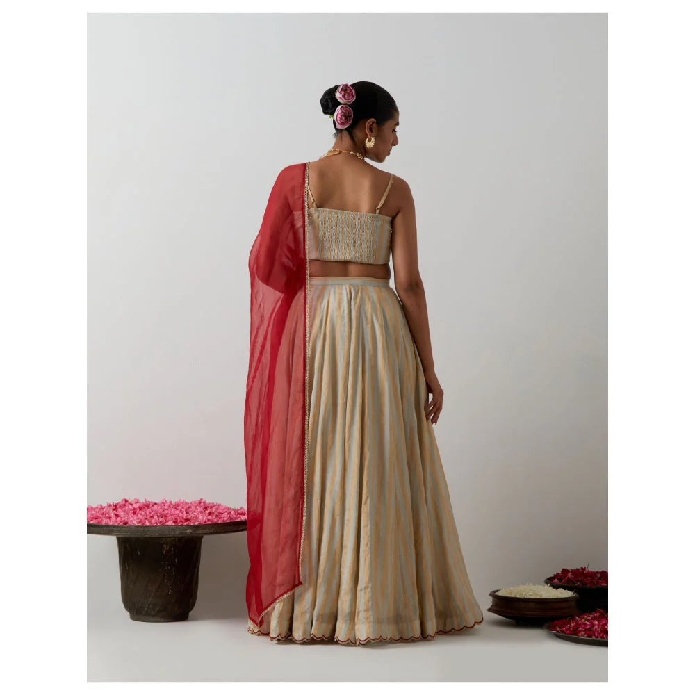 Vinusto Gold & Silver Zari Striped Lehenga with Blouse & Red Dupatta - Image 2