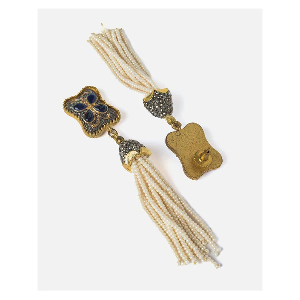 VIVINIA By Vidhi Mehra Gold Plated Blue Womens Tassel Earrings - Image 4