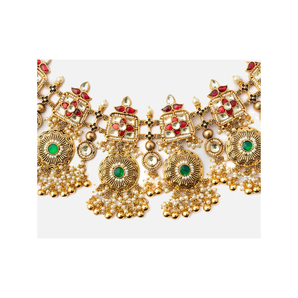 VIVINIA By Vidhi Mehra Gold Plated Green Womens Kundan Polki Necklace Set With Earrings - Image 4