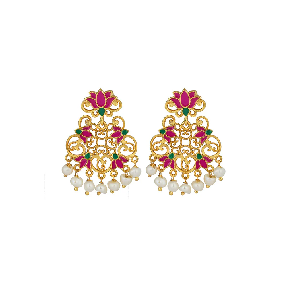ZARIIN 22KT Gold Plated in Pink Enamel Mystic Lotus Stud Earrings - Image 2