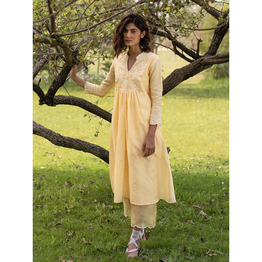 Zoon Yellow Embroidered-Sequined Kurta with Pant and Dupatta (Set of 3) - Image 3